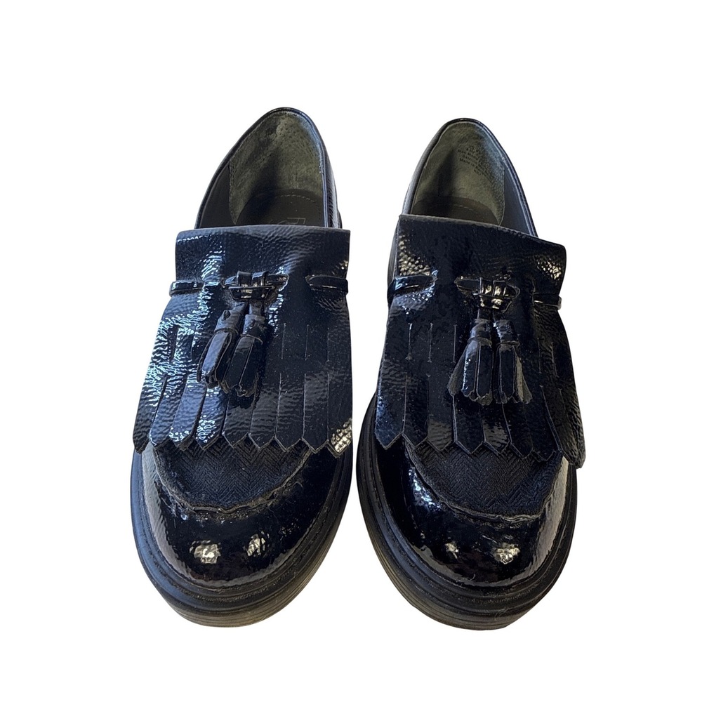 Franco Sarto Womens Black Patent Leather Kiltie Tassel Loafers Lug Sole Shoe 8.5